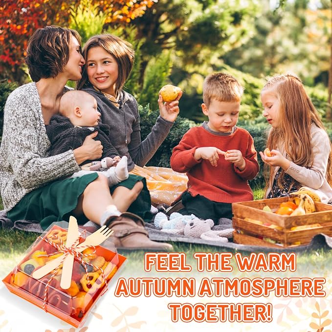 Whaline 50 Set 4.7 x 4.3 Inch Orange Small Charcuterie Boxes with Clear Lids Forks Knives Clear Mini Dessert Box Disposable Food Container for Wedding Birthday Sandwich Cookie Sushi Cake