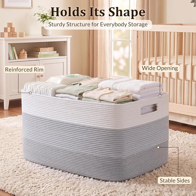 OIAHOMY 108L Super Large Blanket Basket, 25”x16”x16”(108L) Rectangle Woven Baskets for Storage, Cotton Rope Basket For Living Room, Toy Storage with Handle - Gradient Grey | Rectangle Woven Baskets for Storage Cotton Rope Basket For Living Room Toy Sto...