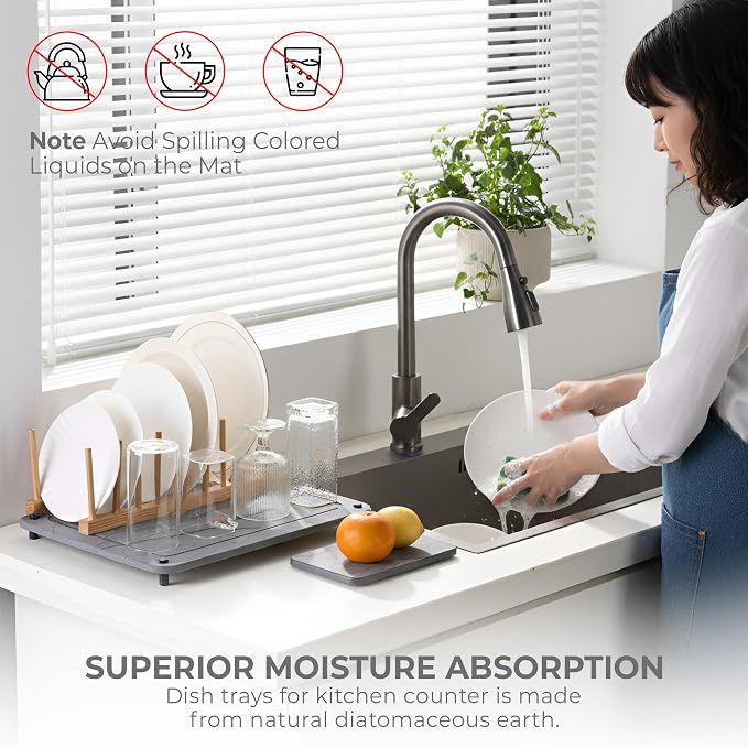 Dish Drying Mat for Kitchen Counter, Drying Matt Kitchen Counter+Sink Caddy | 100% Natural Diatomite Stone, Quick Drying, Non-Toxic, BPA-Free, Eco-Friendly Stone Dish Drying Mat (15.7x11.8" & 8"x4")