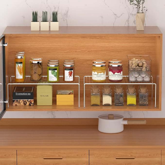 Kitchen Cabinet Storage Shelf Rack, Set of 2 Large (15.7 x 9.4 Inch) Rustproof Metal Wire Shelves Spice Shelf Rack Cupboard Organizer for Pantries Countertops Utensils Organization, Chrome