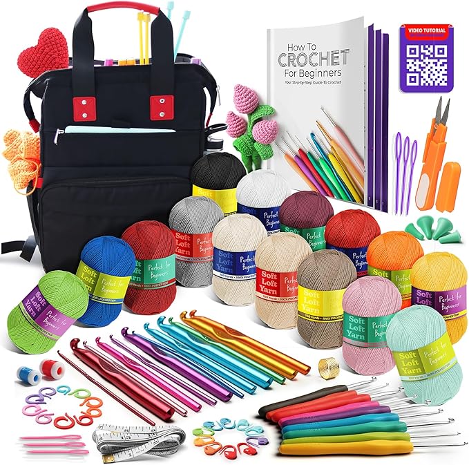 Crochet Kit for Beginners Adults and Kids - Beginner Crochet Kit for Adults with Step-by-Step Video Tutorials, Amigurumi and Crocheting Kit, Crochet Starter Kit with Crochet Yarn and Crochet Backpack