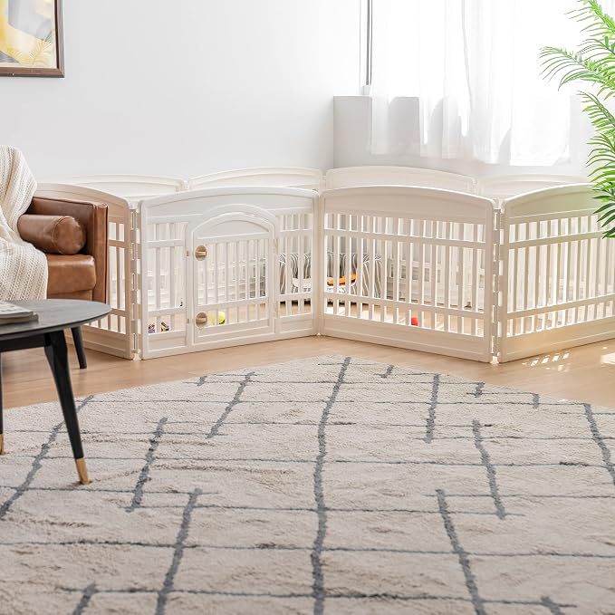 IRIS USA 8-Panel Dog Playpen, Pet Enclosure, White | Puppy Training, Multi-Shape Setup, Flexible Boundary, Configurable Layout, Tool-Free Assembly, Stable Non-Tip Base