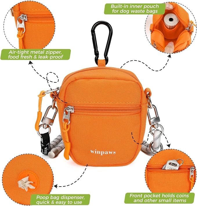 Dog Treat Pouch with Poop Bag Holder, Small Crossbody Bag for Puppy Training and Walking, Shoulder Strap Can Use as Dog Leash- Pet Travel Accessories, Metal Carabiner Attached (Orange) | 900D Oxford Fabric
