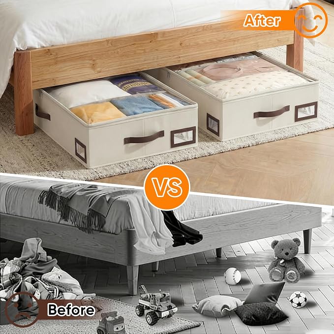 OIAHOMY 2 Pack 53L Under Bed Storage with Adjustable Dividers, 6" Low Profile Underbed Storage Bins for Comforters & Clothes, Save Closet Space with Clear View Lid & Reinforced Handles, Beige