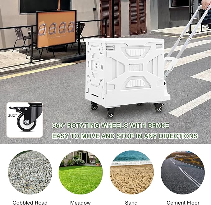 VECELO 16 GAL 2-in-1 Foldable Shopping Cart, Collapsible Utility Cart with Adjustable Handle & 360° Wheels, Dual-Mode Rolling Crate (Basket/Flatbed) for Groceries, Camping, Compact Storage, White