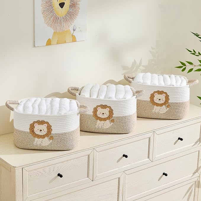 Storage Basket, Woven Baskets for Shelves, Lion | 3 Pack Boho Cotton Rope Storage Baskets, 14" x 9" x 8", Home Organizer for Nursery, Holds Toys, Books & Towels