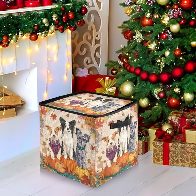 Autumn Pets and Pumpkins Christmas Ornament Storage,Stores up to 64 Holiday Ornament,Adjustable Dividers,Zippered Top,Two Handles Attractive Storage Box Keeps Decorations Clean