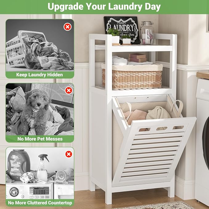 Homykic Tilt Out Laundry Hamper Cabinet, 10 Gal Bamboo Laundry Organizer | Wooden Laundry Basket with Removable Bag, Hidden Hamper with Shelf for Clothes, Bathroom, Laundry Room, Space Saving, White