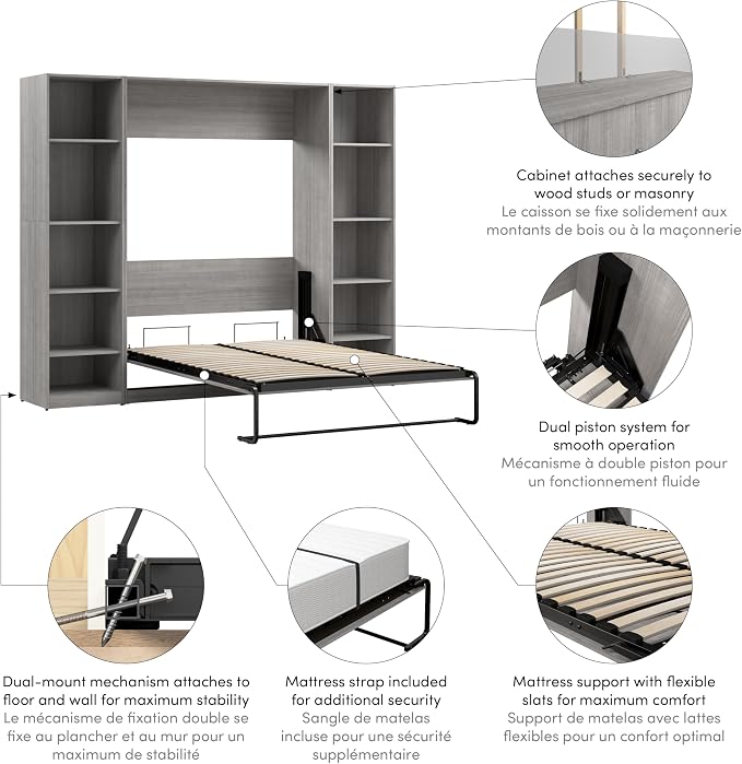 Bestar Full Murphy Bed with Closet Organizer, Platinum Gray, Claremont, 99W | Closet Organizers; dual piston mechanism; for guest room or multipurpose space; 10-year warranty