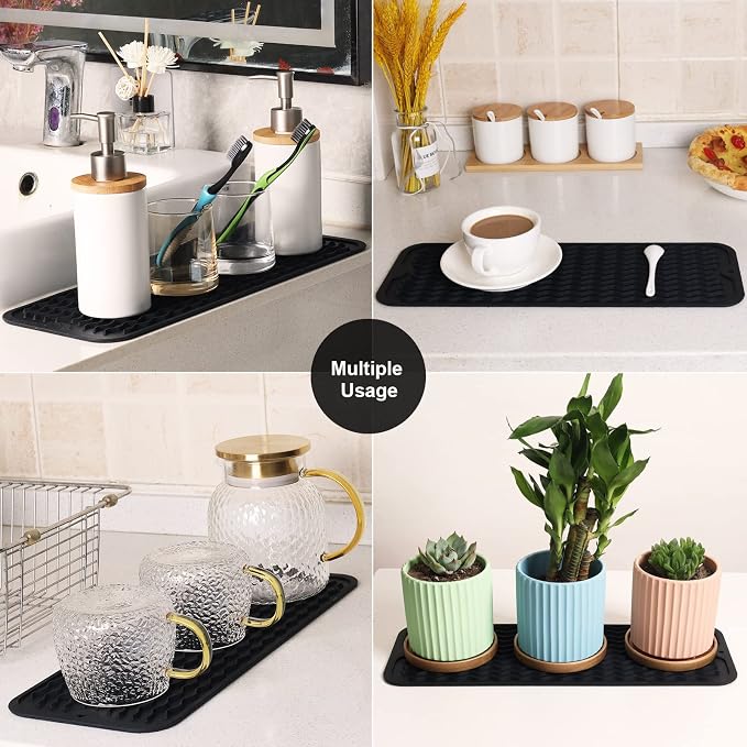 ZLR Small Dish Drying Mat for Kitchen Counter, 6"x17", 2-Pack, Black | Narrow Silicone Drainer for Apartment, Dorm & RV, Wavy Ridges Quick-Dry, Non-Slip, Rolls Up, Dishwasher Safe