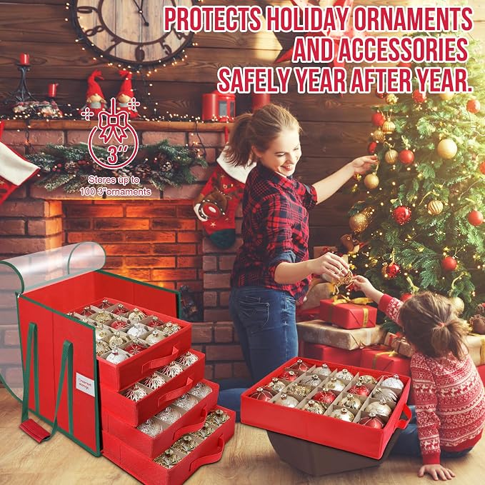 Christmas Ornament Storage Box,5 Tier Holds Up to 100-3” Holiday Décor | Xmas Ornament Organizer Container,Adjustable Dividers,Organizer Bin to Protect and Store Holiday Décor , 600D Oxford Fabric