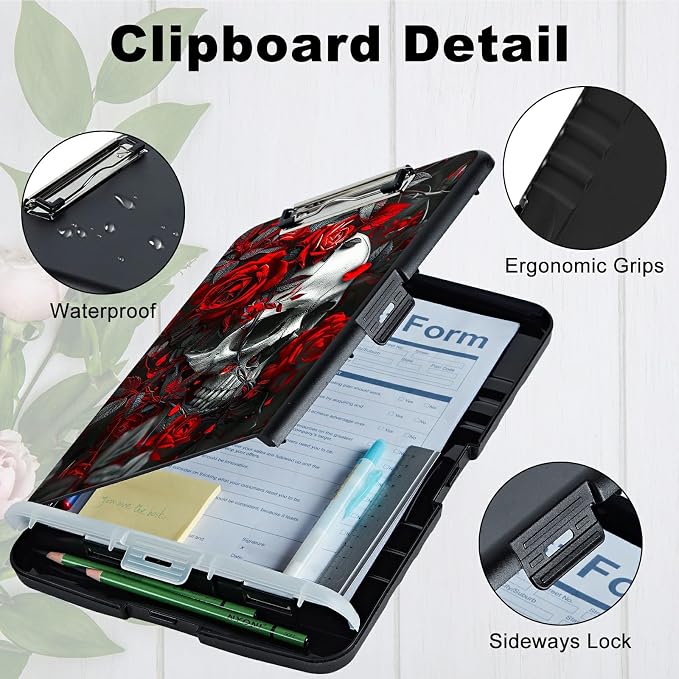 Red Rose Skull A4 Clipboard with Storage Pen Holder, Clipboards Organizer Nursing Clipboard Foldable File Folder Plastic Clipboard Folio Clip Board for Office Students Classroom Doctor