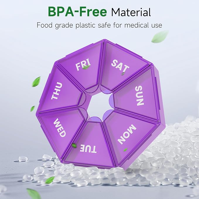 Weekly Pill Organizer, 2 Pack Portable Travel Pill Box, 7 Day Pill Case | Easy Open, BPA-Free, Arthritis Friendly Medicine Pill Container, Medicine Case for Vitamins,Supplements Medications, Purple