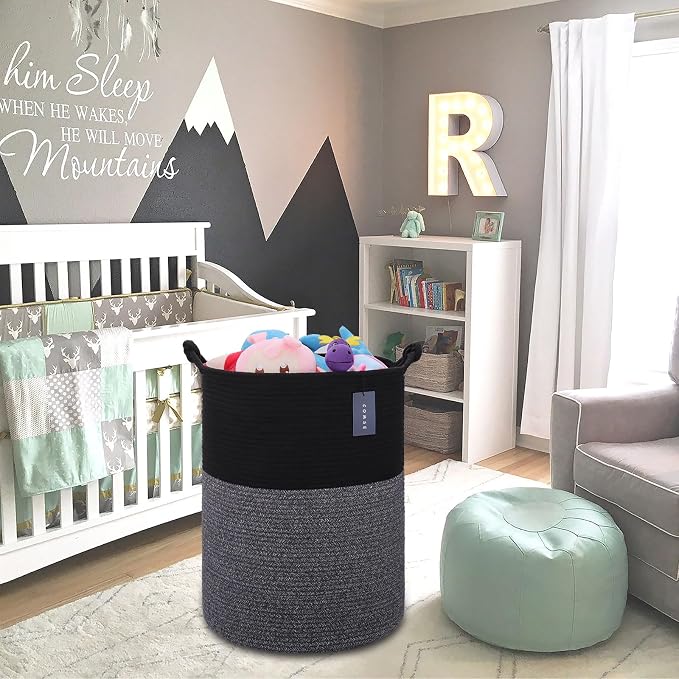 COMSE Tall Woven Blanket & Laundry Basket, 72L, Black | 15.7”x 21.7”, Cotton Rope, Large Nursery Hamper for Storage of Toys Clothes Towels, Great for Living Rooms Bedrooms Bathrooms