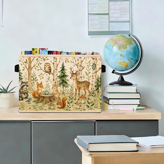 Woodland Animals Storage Bin, Foldable Fabric Organizer | Watercolor woodland animal storage bin for toys, books, clothes, blankets, nursery supplies, playrooms, shelves, and closets.