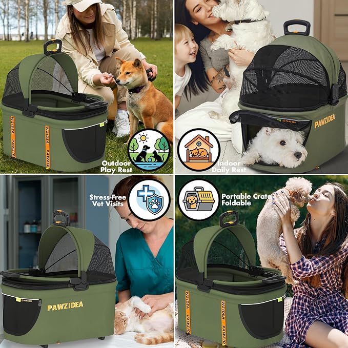 PAWZIDEA Pet Stroller 4-in-1, Foldable Cat Stroller with Detachable Carrier | Escape-Proof No-Zip Canopy, Portable Travel Crate & Car Seat Combo, for Small to Medium Dogs & Cats up 33 lbs, Storage Basket