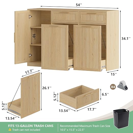 Double 13 Gallon Pull Out Trash Can Cabinet with Storage Cabinet,Natural | Pet Proof Hidden Garbage Can Cabinet,3-Tier Shelves,Fluted Design,Extra Drawer Space,Kitchen & Dining Room Organization