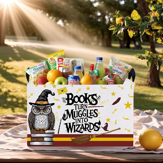 Kid Rectangle Magic Decor Basket Nursery Baby Gift Basket Feather Hat Book Broomstick Toy Storage Bin (Wand Owl)