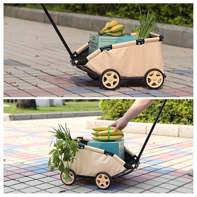 Mini Dog Strollers for Mini Pets, Foldable Multifunctional Shopping Carts with Extendable Pull Handle, Doggie Wagon Built-in Cushion and Safety Rope with Storage Bag (Khaki)