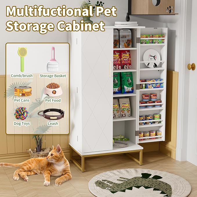 Saudism 51" Dog Food Storage Cabinet with Adjustable Shelves, White | Freestanding Pet Storage Container Organizer for Living Room and Dinning Room