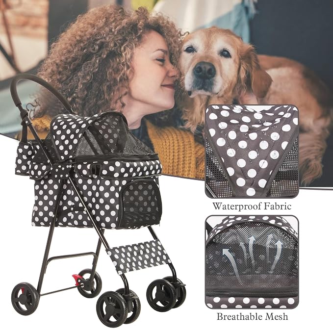 Folding Dog Stroller Travel Cage Stroller for Pet Cat Kitten Puppy Carriages - Large 4 Wheels Elite Jogger - Single or Multiple Pets (Black - 1 cage)