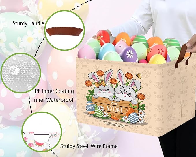 Large Rectangular Easter Baskets Empty Waterproof Boy Toy Box Foldable Kid's Gifts Storage Bin Spring Room Decor(Boy Girl Cute Rabbit)