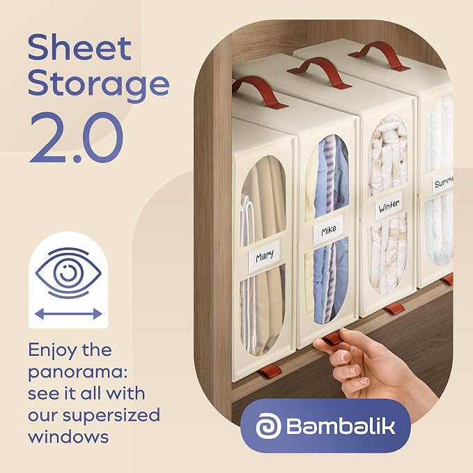 8x Bed Sheet Organizer Storage Boxes with Big See-Through Windows | Bedsheet Organizers Redesigned. Robust Bed Sheet Storage | 15x13x5 in. Sheet Organizers Containers (Off-White)