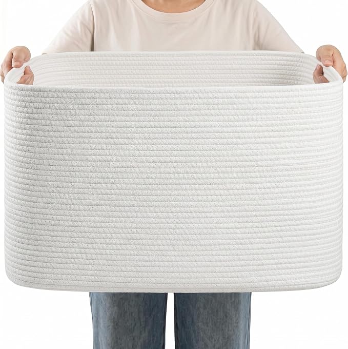 Large Laundry Basket/Hamper, 22"x17"x12", White | Rectangle Woven, Toy Storage, Baby Blanket Basket, With Handle, Shelf Basket