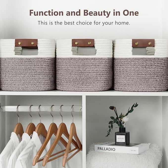 ECDYQXVU 15x10x9 Woven Cotton Rope Storage Basket, Leather Handles 1 Pack | Foldable Design, Sturdy PU Handles, Easy to Clean Organizer for Living Room, Closet, Shelves, Bedroom, Laundry, Clothes