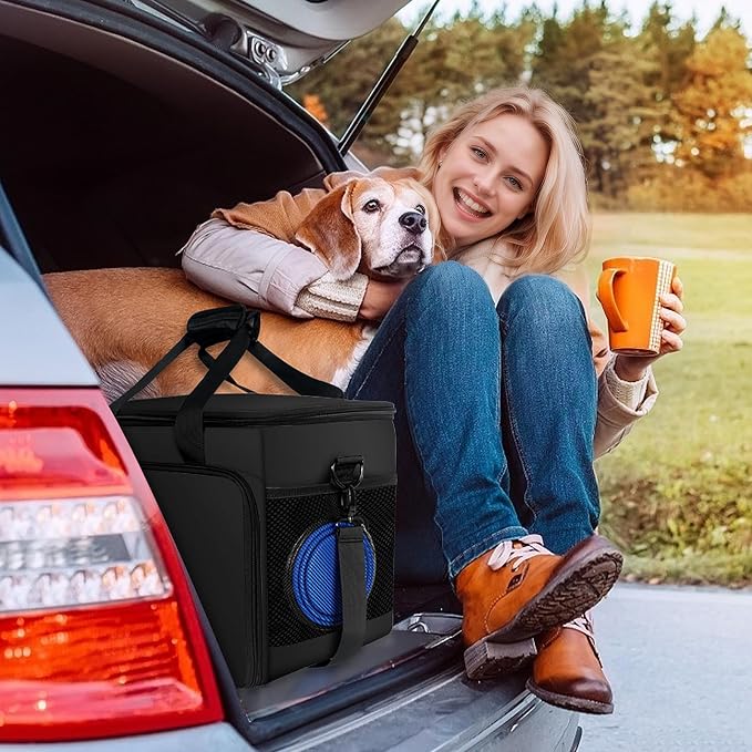 6 Set Dog Travel Bag, Large Pet Travel Kit for Supplies, Black | Includes 2 Food Containers, 1 Pet Organizer for Dogs, 2 Collapsible Bowls, 1 Treat Pouch, Dog Weekend Overnight Bag Luggage