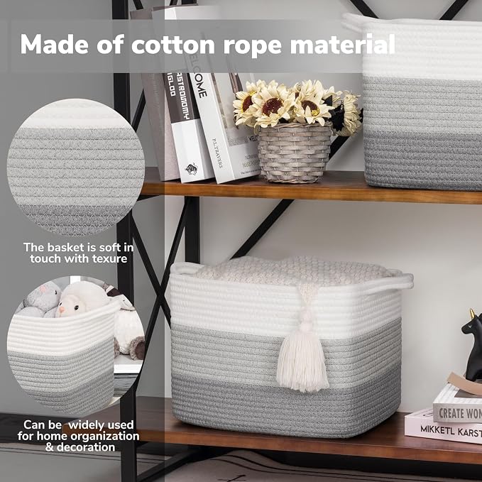 Goodpick Woven Storage Basket for Shelves, 13" x 10" x 9", Gradient Gray | Stylish Gift Basket for Home Decor, Cotton Rope Baskets for Books, Towels & Toys Storage, Bedroom & Nursery Organization