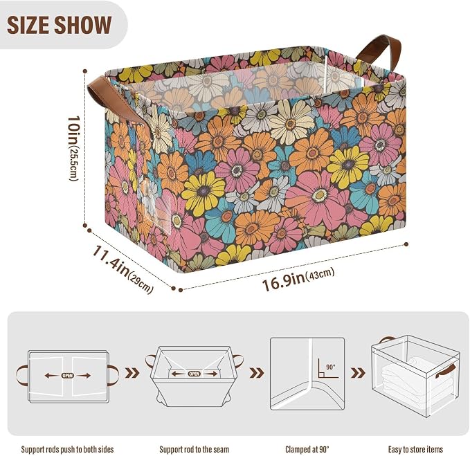 Retro Groovy Daisy Flower Storage Bins for Shelves with Labels&Handles Fabric Organizer Bin Vintage Floral Foldable Rectangle Storage Basket Orange Hippie Boxes for Closet, Home, Living Room, Laundry