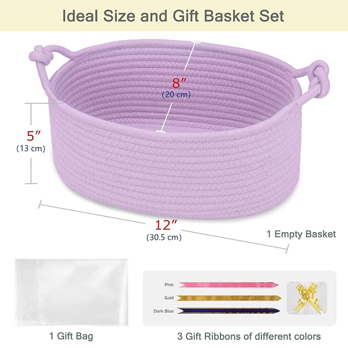 Small Empty Gift Basket with Bag & Ribbons, Purple | 12“x8”x5”, Cotton Rope Woven Basket for Birthdays, Baby Showers, Mother's Day, Christmas; Stores Small Items, Kids & Pet Toys