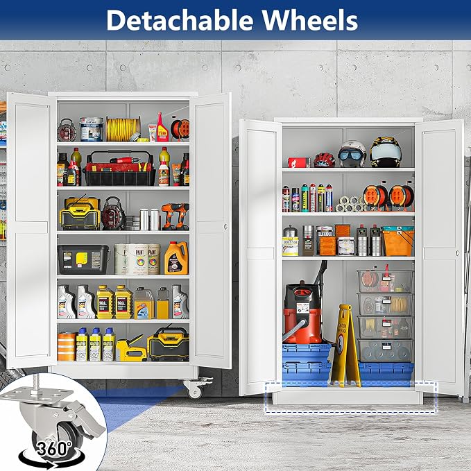 Ckzbx Metal Large Garage Storage Cabinet with Locking Doors and Adjustable Shelves,73.6" H Rolling Tool Storage with Wheels for Garage,Office (White)