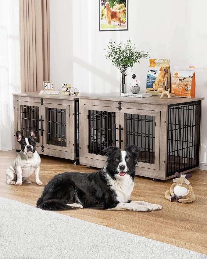 YaFiti Dog Crate Furniture, 32.5” Wooden Indoor Dog Kennel, Grey | Cushion, Wheels, Double Doors, Furniture Style, Side End Table, Decorative Pet Cage House, Up to 45 lb, for Small/Medium Dogs