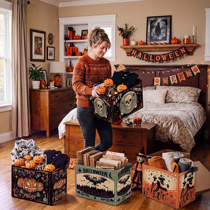 4 Pcs Vintage Halloween Storage Basket for Gifts Large Retro Gothic Storage Bins with Handles 15 x 10 x 8 Fabric Laundry Baskets Spooky Halloween Collapsible Organizer Boxes for Home Cloth Toy