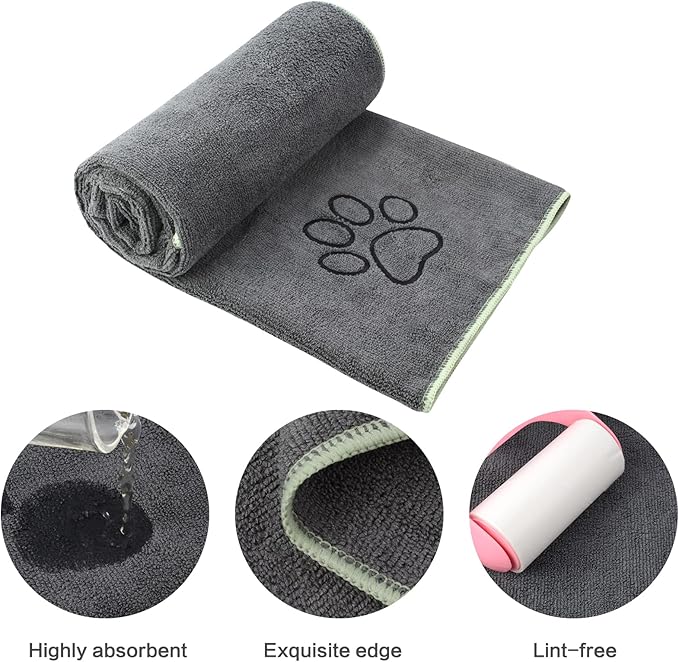 KinHwa Dog Towel Super Absorbent Microfiber Dog Drying Towel Soft Pet Bath Towel for All Dogs and Cats with Embroidered Paw Print 30inch x 50inch Gray