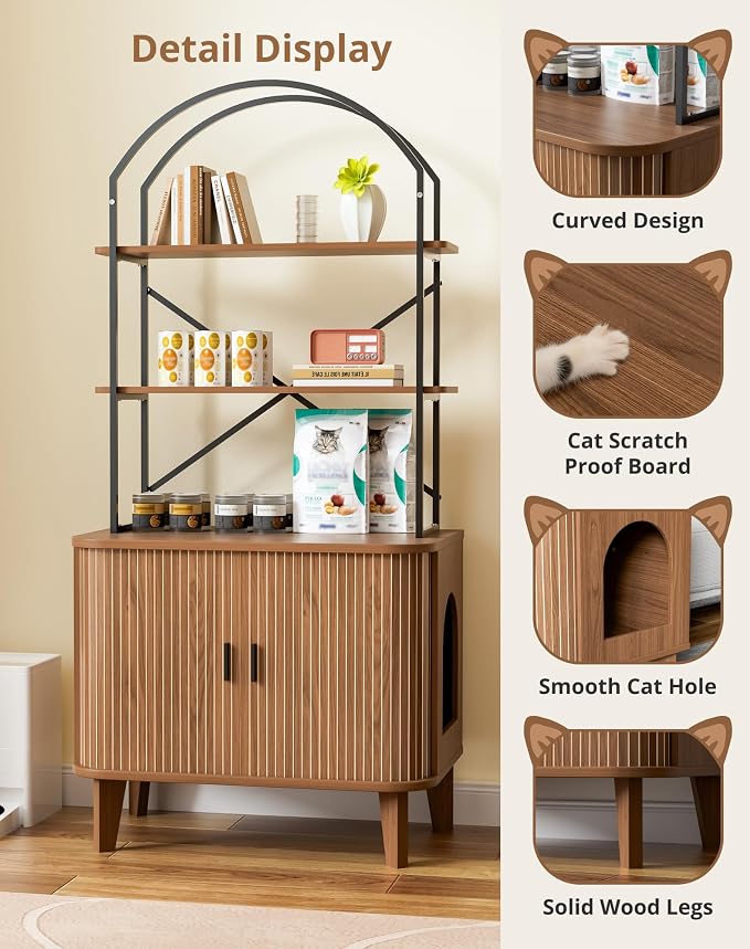 66" Cat Litter Box Enclosure,Hidden Litter Box Furniture with Shelves,Wooden Cat Washroom and Pet House with Sliding Tambour Door for Living Room,Walnut