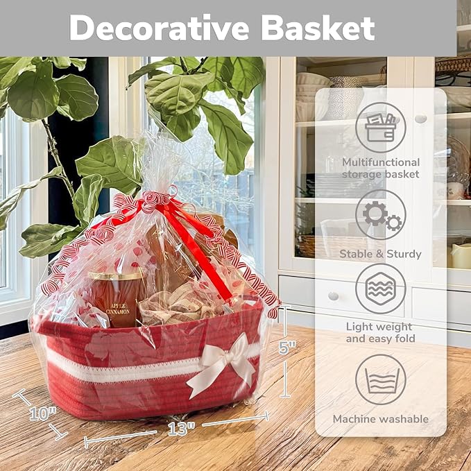 CHICVITA Small Woven Rope Gift Basket, Decorative Burr Basket, Red | 13" x 10" x 5" Storage Baskets for Toys & Baby Essentials, Fits Nursery & Bedroom Organization, Built-In Handles, Bow Design