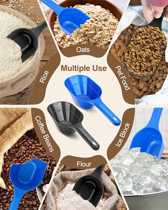 2 PACK Dog Food Scoop, 1 Cup Pet Food Scoop With Measuring Lines | Black and Blue, Clear Markings for Precise Measuring 1/2 and 1 Cup Line,Dishwasher Safe,Plastic,Portable and Sturdy