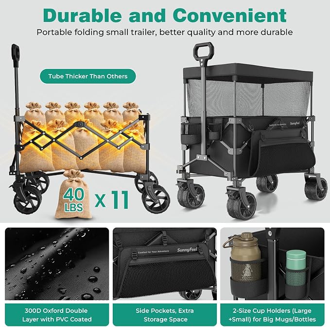 SUNNYFEEL Foldable Wagon Cart with Canopy - 445L Extra Large | 440 LBS Heavy Duty Utility Cart with All-Terrain Wheels, 3-in-1 Portable Wagon for Garden, Grocery, Camping, Beach, Shopping