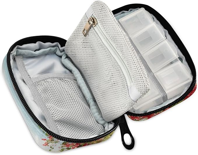 Custom Pill Box 7 Day Pill Case Bag Oil Painting Sea Flowers Personalized Name Travel Pill Organizer Bag with Zipper Portable Weekly Case Compact Size for Vitamin Supplement Holder