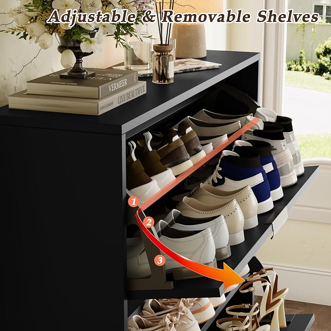 Shoe Storage Cabinet with 2 Flip Drawers, Narrow Wood Shoe Organizer Cabinet with Fluted Panel, Slim Shoe Rack for Entryway, Freestanding Shoe Cabinet for Living Room, Hallway, Black