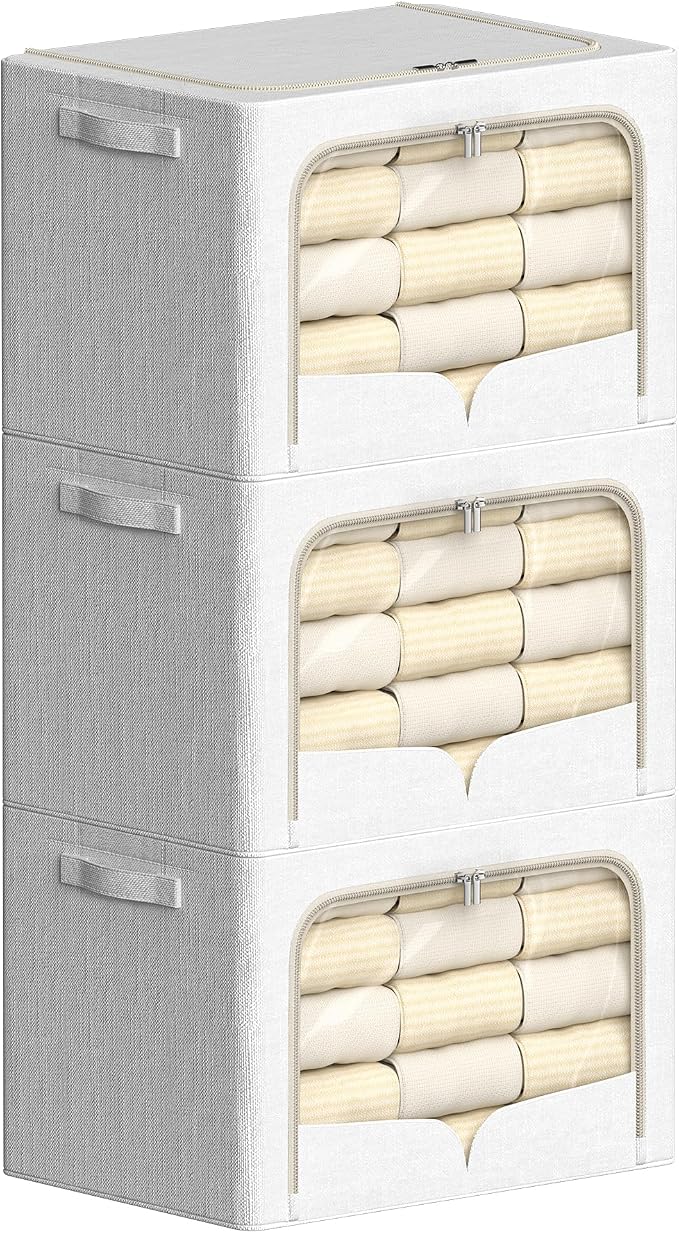 FHSQX 3 Pack Clothes Storage Bins with Metal Frame | Cream White, 23.6x16.5x15.7inch,Foldable, Stackable Linen Fabric, Carrying Handles, Clear Window