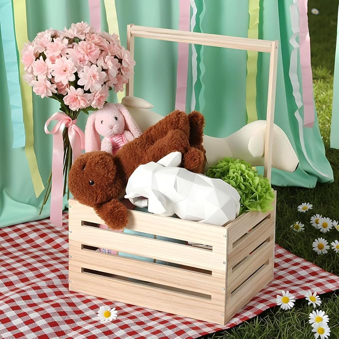 Wooden Baby Shower Crate Closet, Wooden Crate Basket with Handle Baby Gift Basket New Born Welcome Gift Hamper for Boys & Girls Welcome Babies Gifts for New Parents