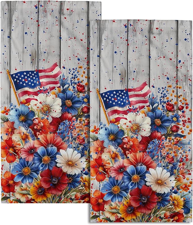 Giwawa 4th of July Hand Towels Patriotic Floral Dish Towels Set of 2 Holiday Soft Absorbent Decorative Fingertip Bath Towel for Bathroom Gym Home