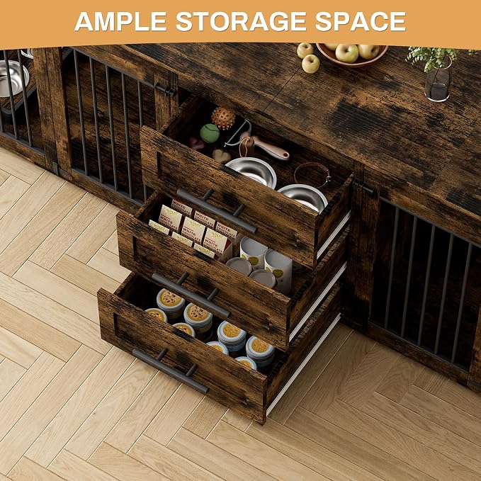 OUYESSIR 94.5" Double Dog Crate Furniture for Medium Large Dogs, Brown | Extra large dog kennel fits 2 Medium or large dogs, 3 Storage Drawers, 4 removable Stainless steel dog bowls, Solid Wood