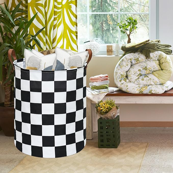 MAIZMZ Checkered Flag Canvas Storage Basket 63L Waterproof Laundry Hamper with Handles, Collapsible Racing Themed Organizer Bin for Boys Bedroom, Toys, Clothes, Gift Giving