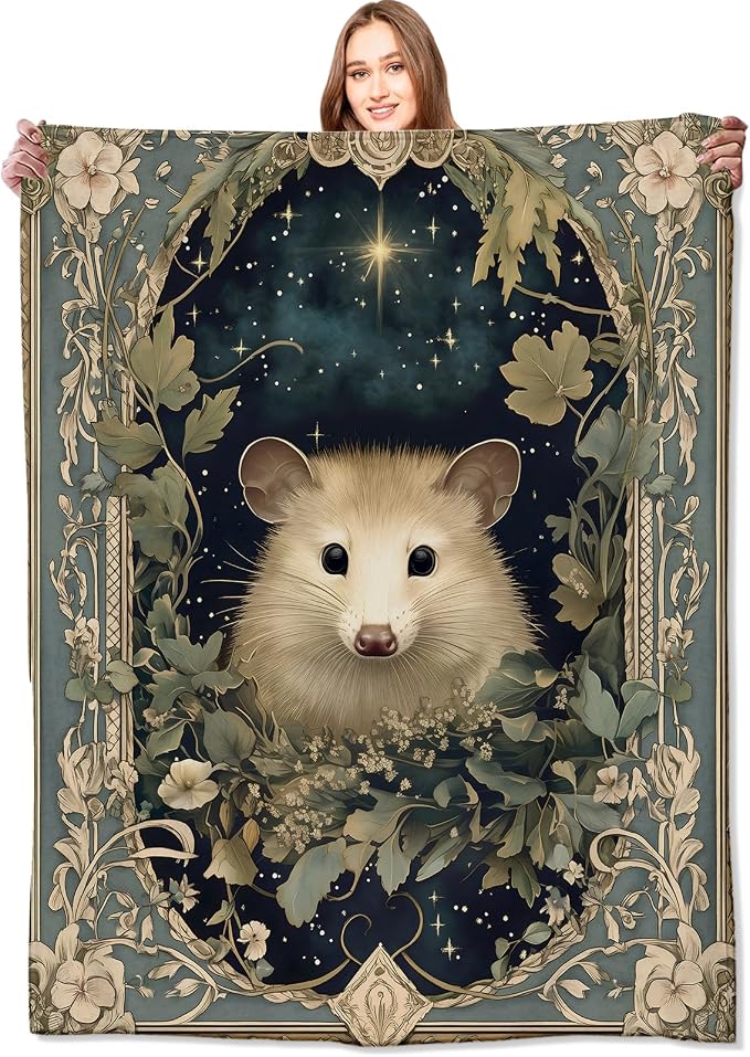 Vintage Possum Blanket,40x50in,Retro Opossum Enchanting Nighttime Floral Frame Throw Blankets,Gifts for Kids Adult & Animal Lovers, Lightweight Soft Fleece,for Sofa Couch Bed Room Rustic Decor