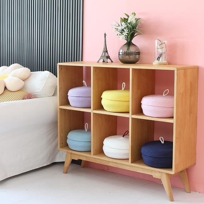 Sea Team Round Woven Cotton Rope Storage Basket with Lid, Lavender | Lidded Knitted Decorative Storage Bin, Pot, Caddy, Organizer, Container for Snacks, Towels, Plants, 13 x 5.5 Inches